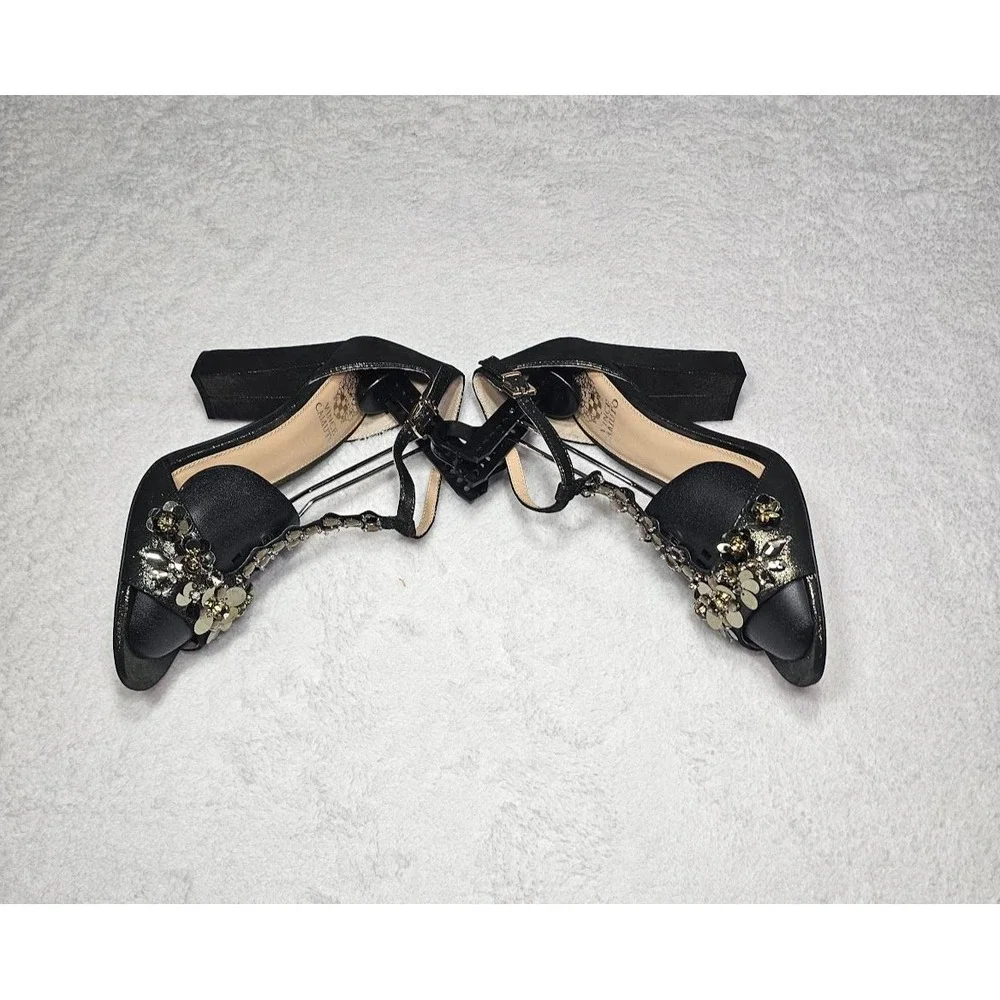 Vince Camuto Serafine Titanium Dazzle Suede Embellished T-Strap Block Heels 10M